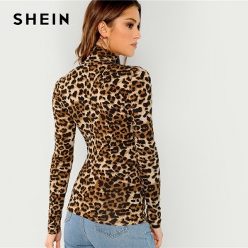  High Neck Leopard Print Fitted Pullovers Long Sleeve 